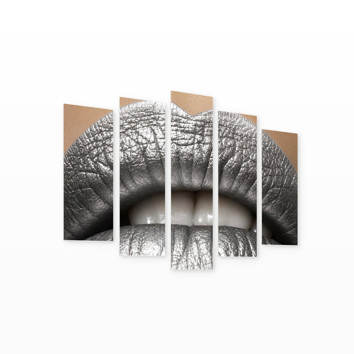 Female Lips in Silver Color Modern Composition — five-panel wall art on white background in perspective | 5wallart 51827 M1