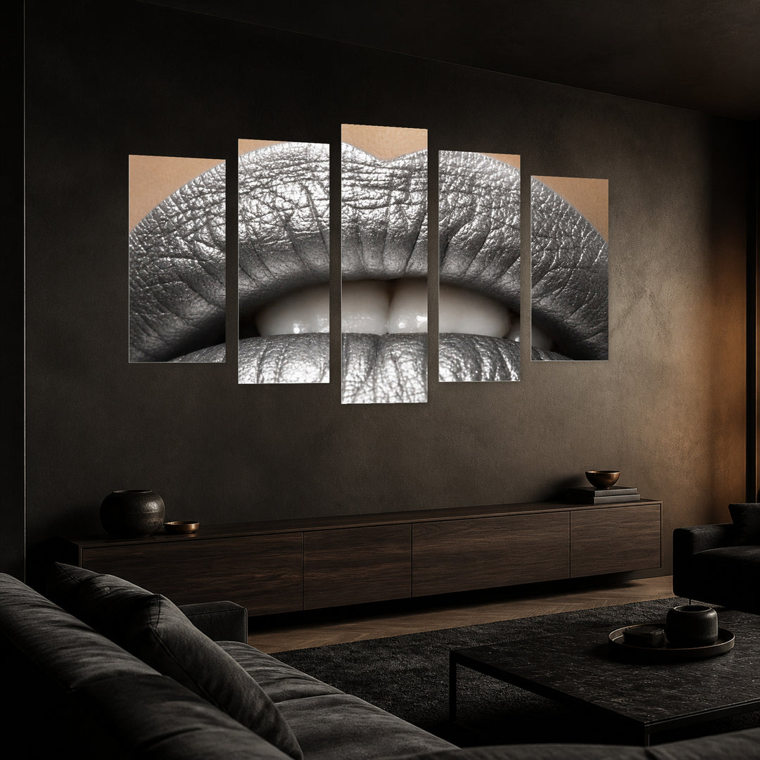 Female Lips in Silver Color Modern Composition — five-panel wall art in perspective interior | 5wallart 51827 M2