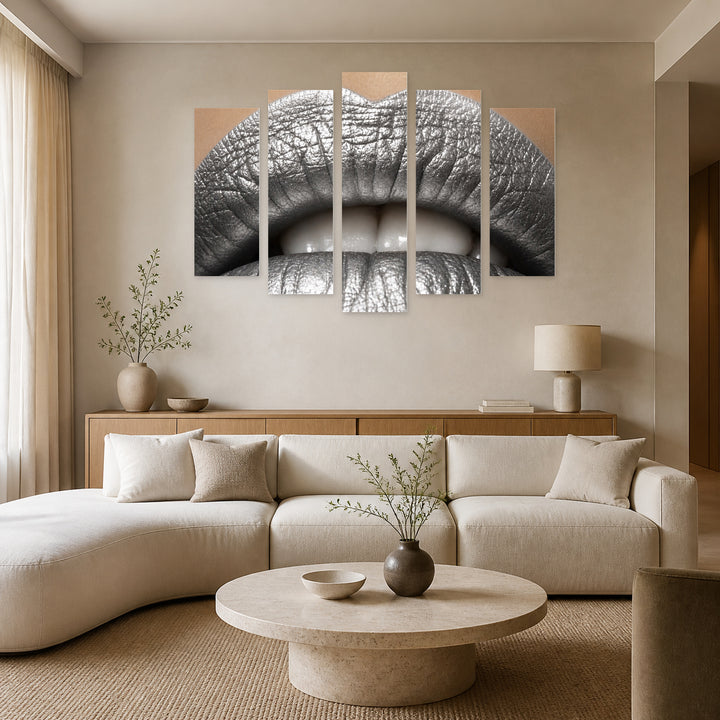 Female Lips in Silver Color Modern Composition — five-panel wall art in frontal interior | 5wallart 51827 M3