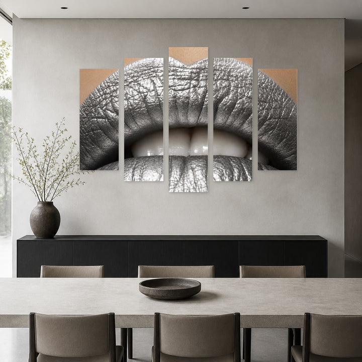 Female Lips in Silver Color Modern Composition — five-panel wall art in alternate frontal interior | 5wallart 51827 M4