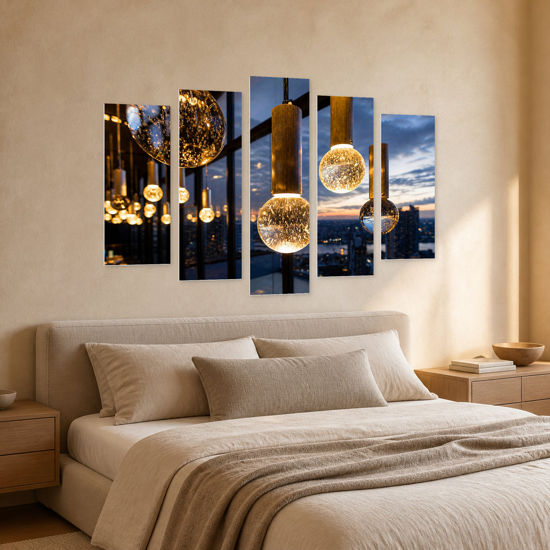 Luxury Interior with Hanging Lamps Modern Composition — five-panel wall art in perspective interior | 5wallart 51833 M2