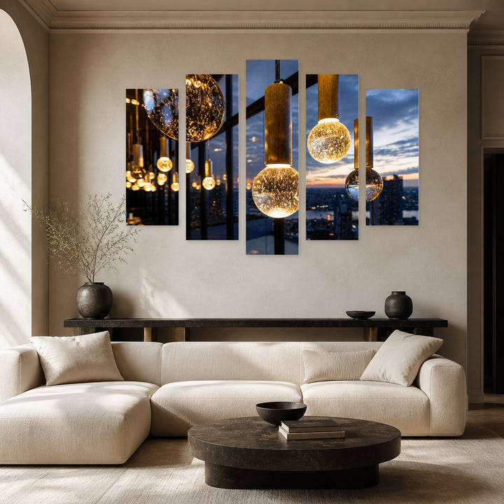 Luxury Interior with Hanging Lamps Modern Composition — five-panel wall art in frontal interior | 5wallart 51833 M3