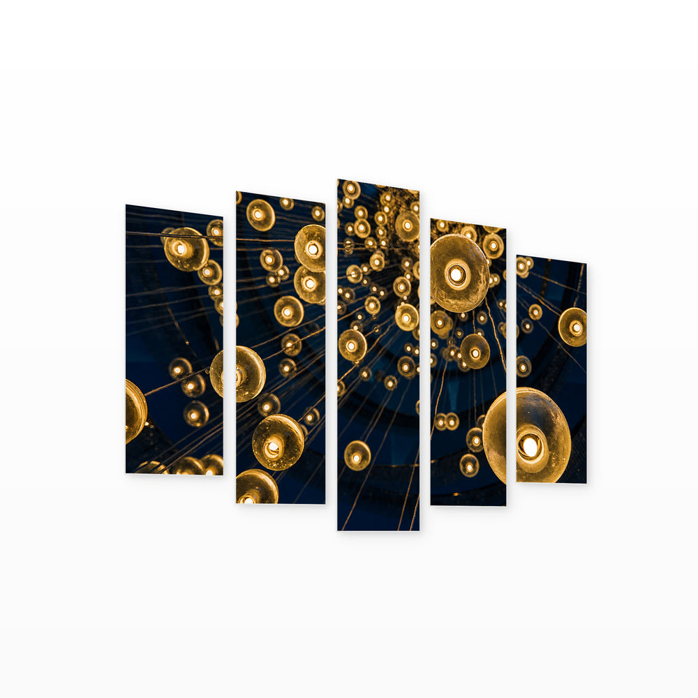 Electric Bulbs in Blue and Gold — five-panel wall art on white background in perspective | 5wallart 51837 M1
