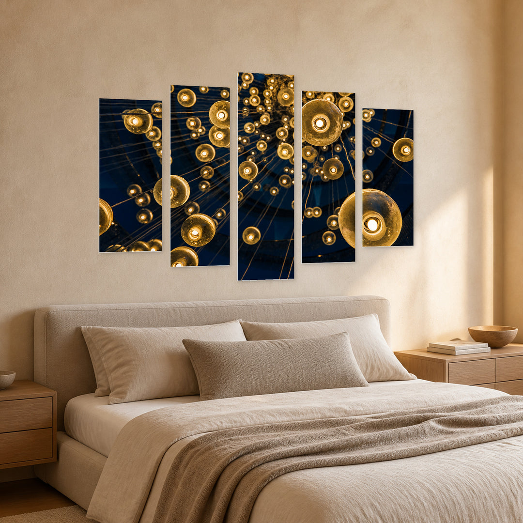 Electric Bulbs in Blue and Gold — five-panel wall art in perspective interior | 5wallart 51837 M2