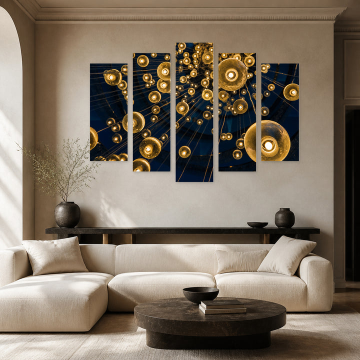 Electric Bulbs in Blue and Gold — five-panel wall art in frontal interior | 5wallart 51837 M3