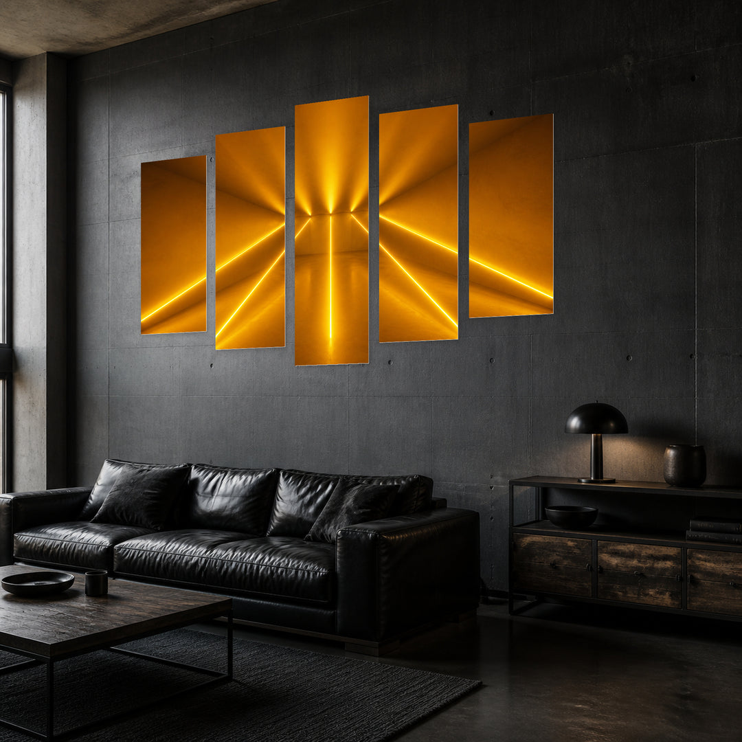 Abstract Minimalist Background with Geometric Rhythm — five-panel wall art in perspective interior | 5wallart 51840 M2