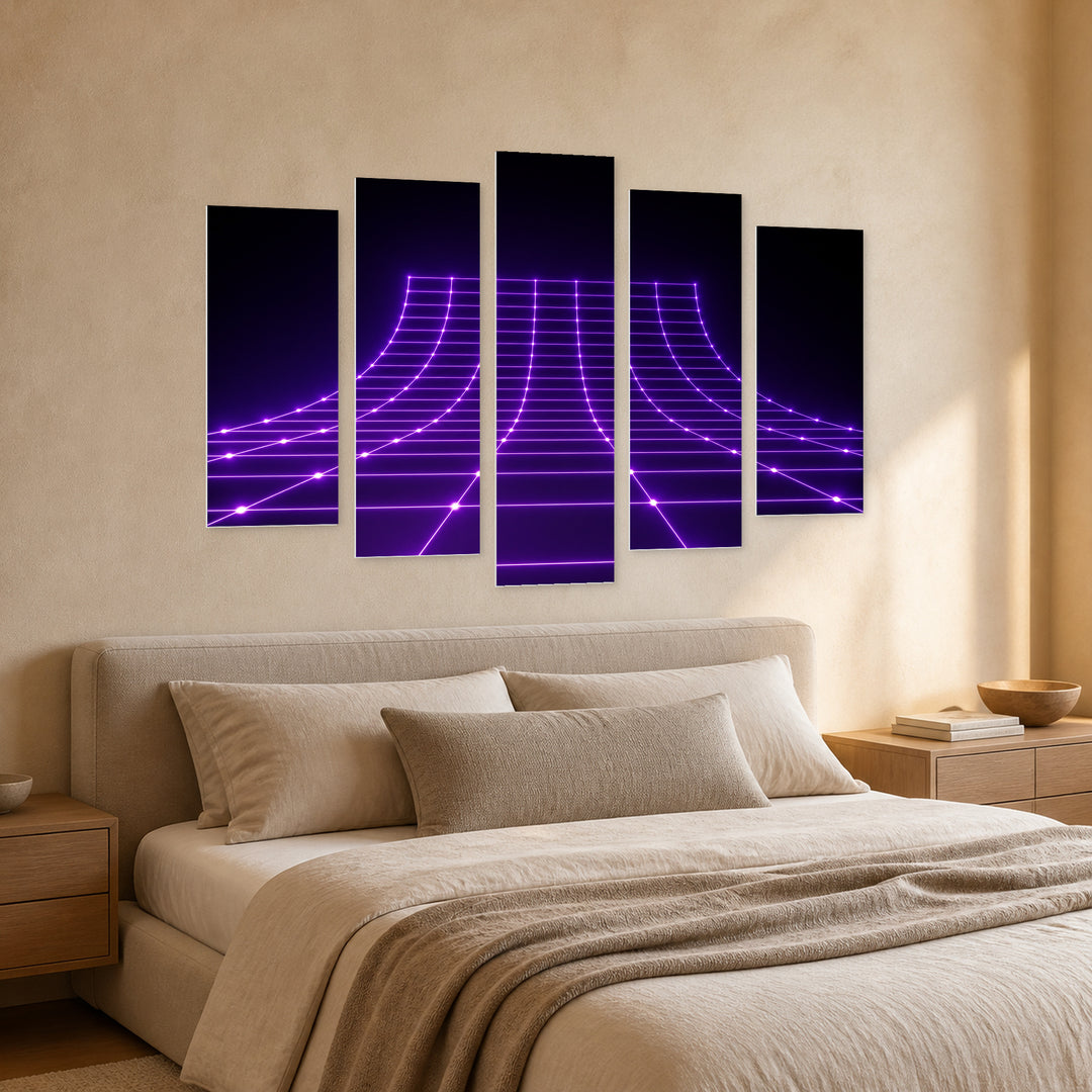 Abstract Ultraviolet Background at Night — five-panel wall art in perspective interior | 5wallart 51845 M2