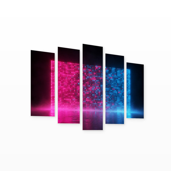 Glowing Neon Dots at Night — five-panel wall art on white background in perspective | 5wallart 51846 M1