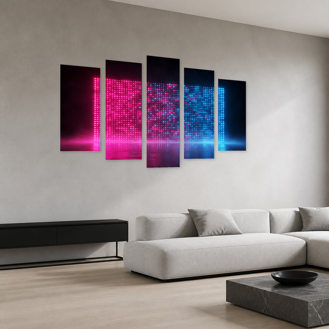 Glowing Neon Dots at Night — five-panel wall art in perspective interior | 5wallart 51846 M2