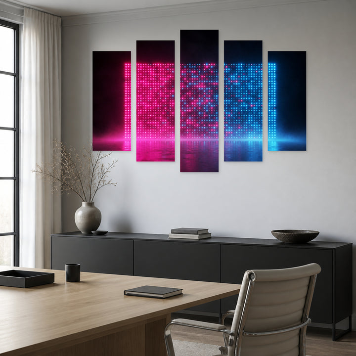 Glowing Neon Dots at Night — five-panel wall art in frontal interior | 5wallart 51846 M3