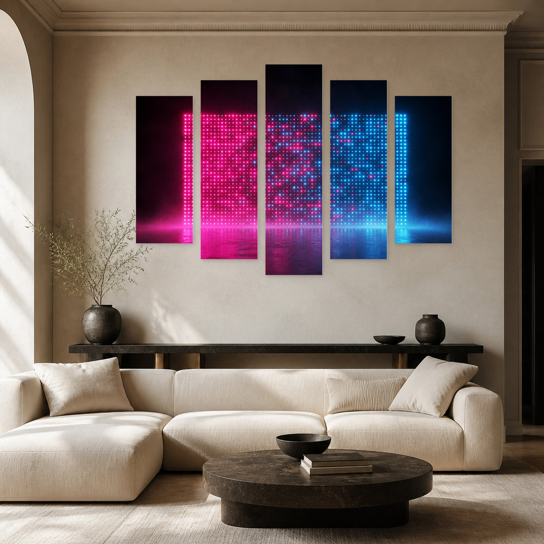Glowing Neon Dots at Night — five-panel wall art in alternate frontal interior | 5wallart 51846 M4