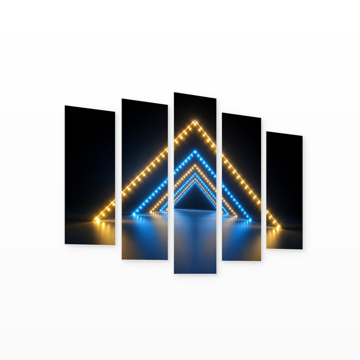 Glowing Triangular Shapes in Blue and Gold — five-panel wall art on white background in perspective | 5wallart 51849 M1