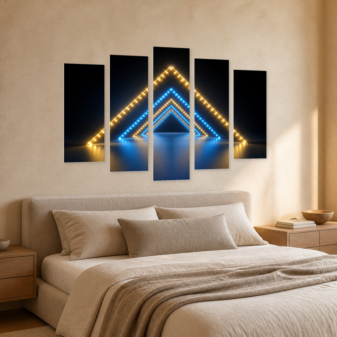 Glowing Triangular Shapes in Blue and Gold — five-panel wall art in perspective interior | 5wallart 51849 M2