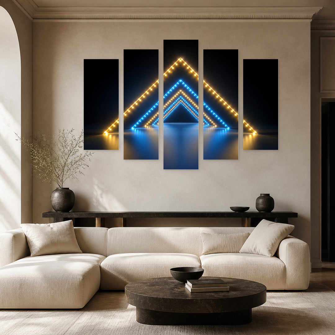 Glowing Triangular Shapes in Blue and Gold — five-panel wall art in frontal interior | 5wallart 51849 M3
