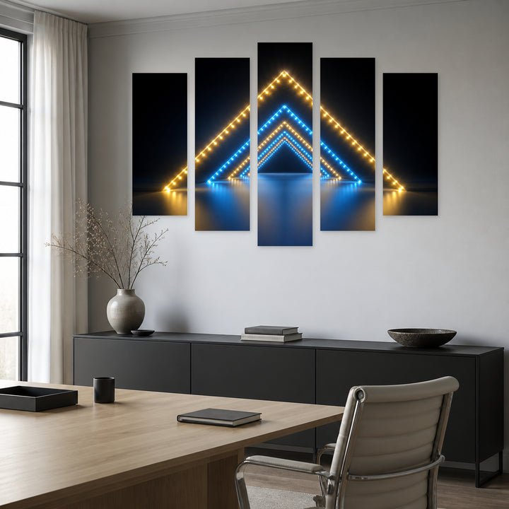Glowing Triangular Shapes in Blue and Gold — five-panel wall art in alternate frontal interior | 5wallart 51849 M4