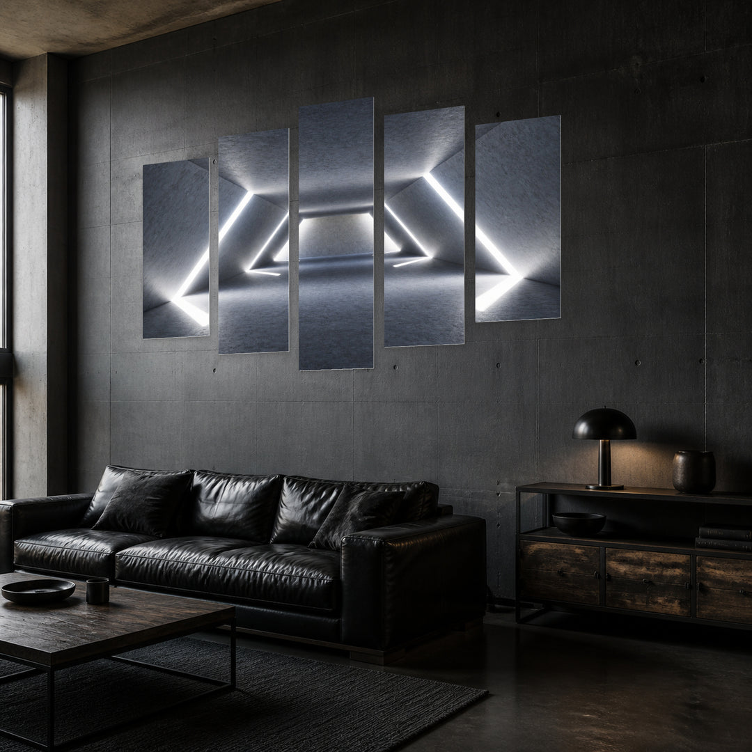 Daylight Tunnel with Geometric Rhythm — five-panel wall art in perspective interior | 5wallart 51850 M2