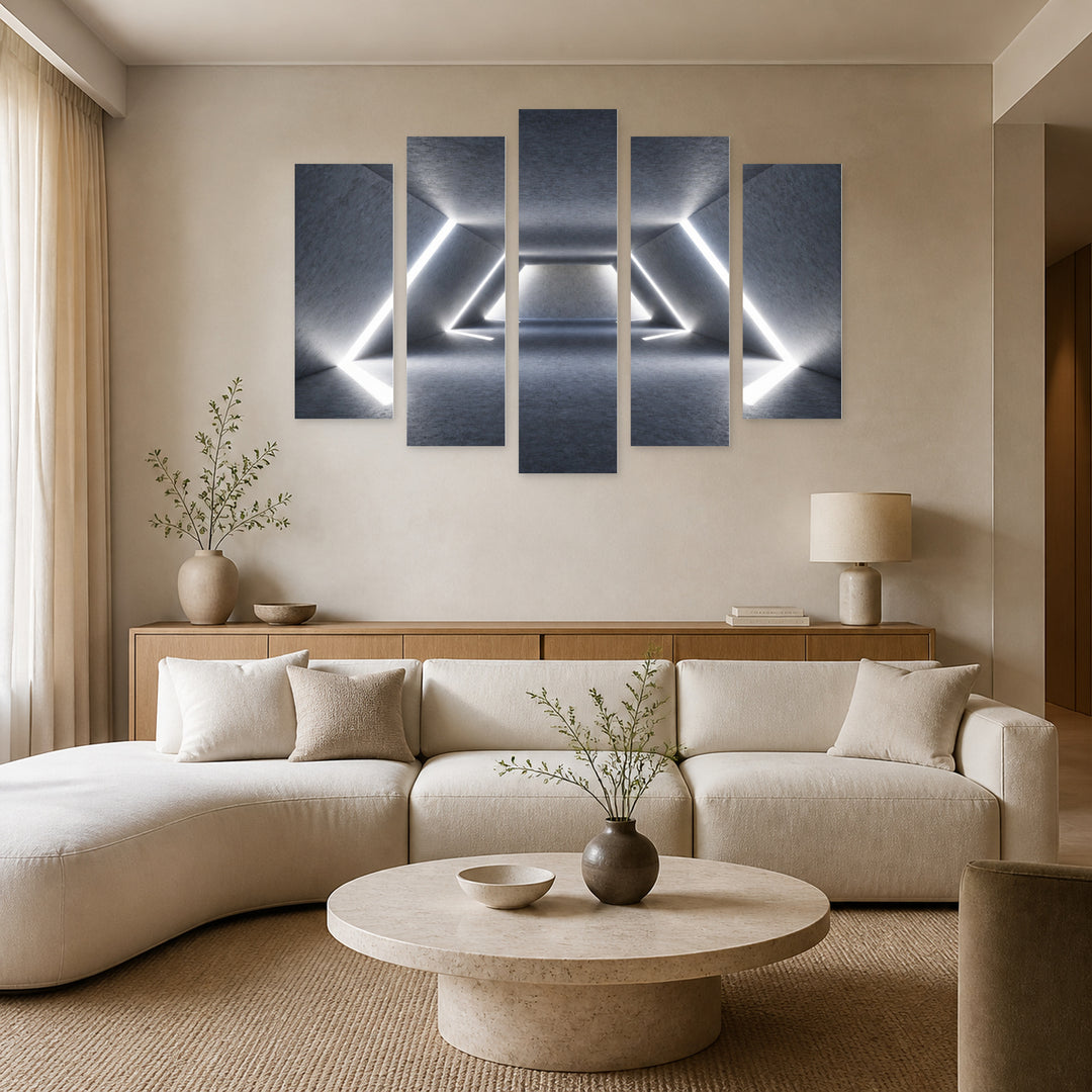 Daylight Tunnel with Geometric Rhythm — five-panel wall art in alternate frontal interior | 5wallart 51850 M4