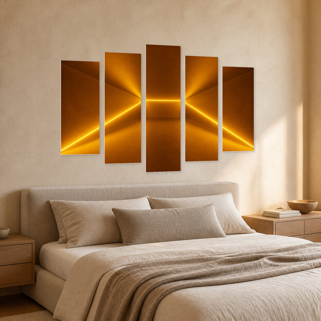 Glowing Lines with Geometric Rhythm — five-panel wall art in perspective interior | 5wallart 51851 M2
