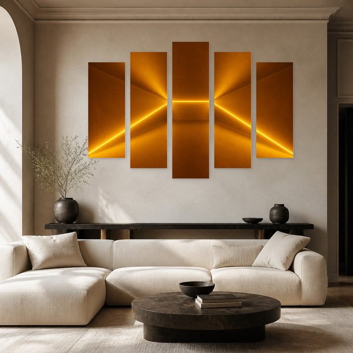 Glowing Lines with Geometric Rhythm — five-panel wall art in frontal interior | 5wallart 51851 M3