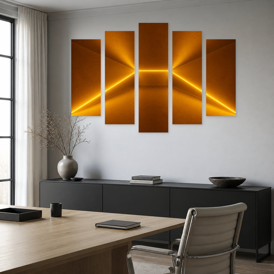 Glowing Lines with Geometric Rhythm — five-panel wall art in alternate frontal interior | 5wallart 51851 M4