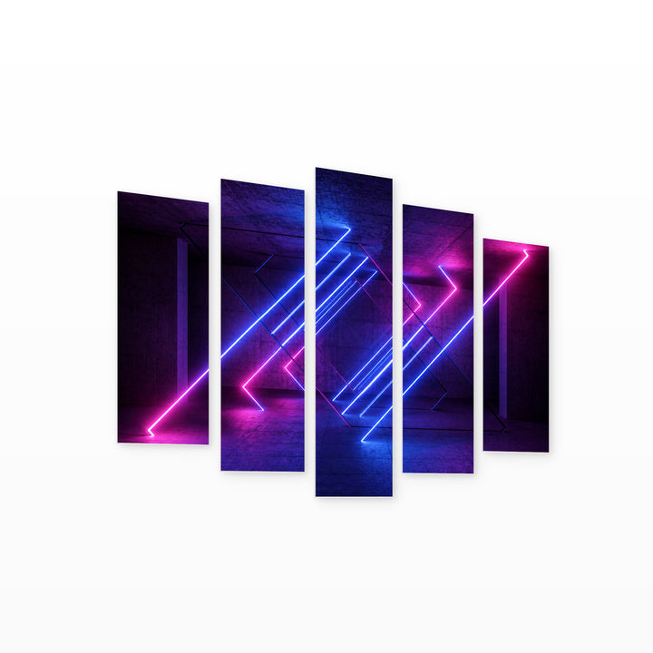 Dynamic Glowing Lines at Night — five-panel wall art on white background in perspective | 5wallart 51852 M1