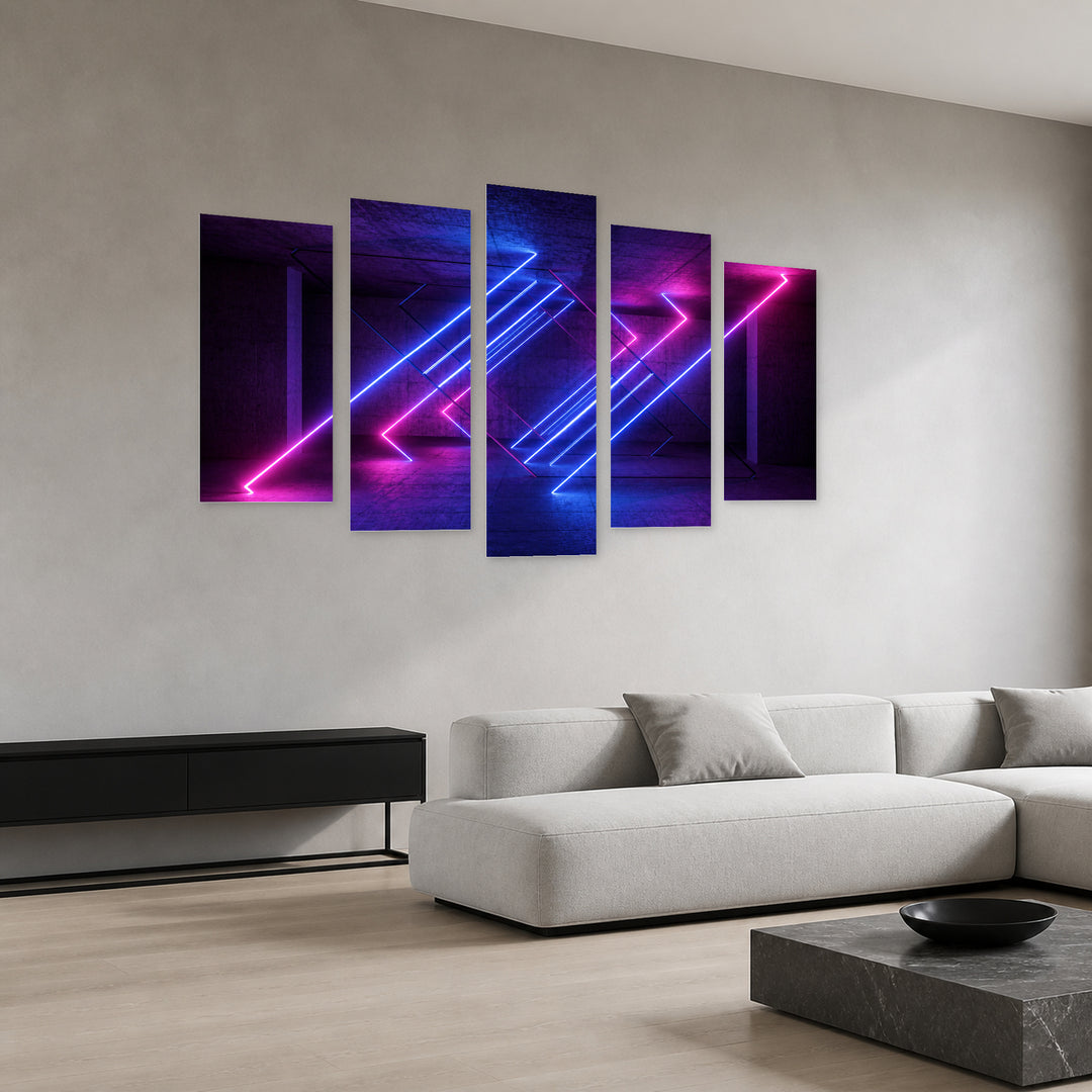 Dynamic Glowing Lines at Night — five-panel wall art in perspective interior | 5wallart 51852 M2