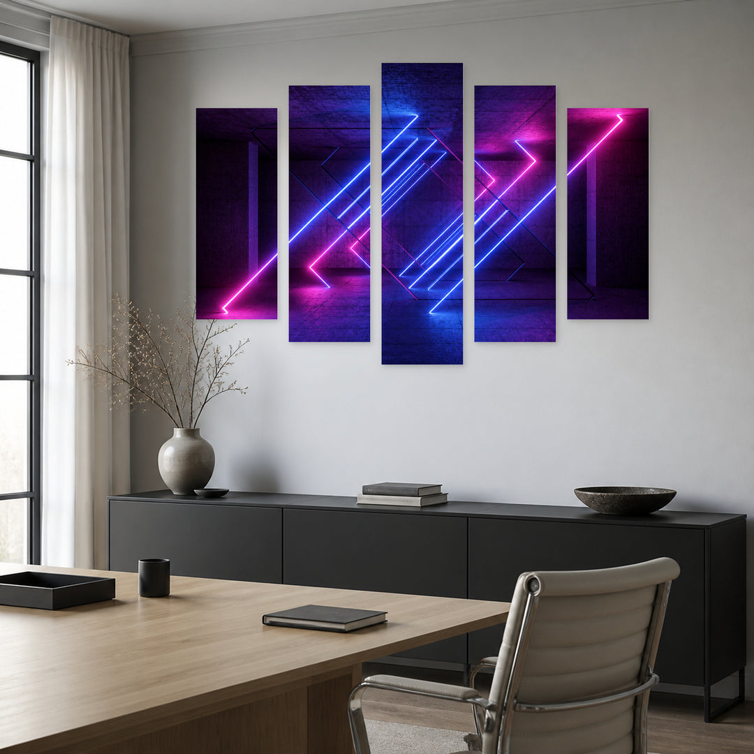 Dynamic Glowing Lines at Night — five-panel wall art in frontal interior | 5wallart 51852 M3