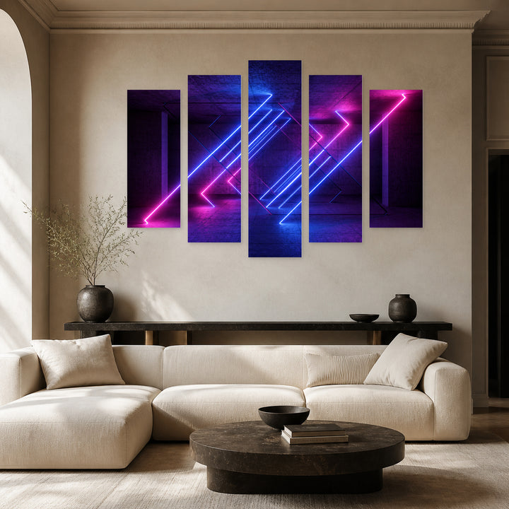 Dynamic Glowing Lines at Night — five-panel wall art in alternate frontal interior | 5wallart 51852 M4