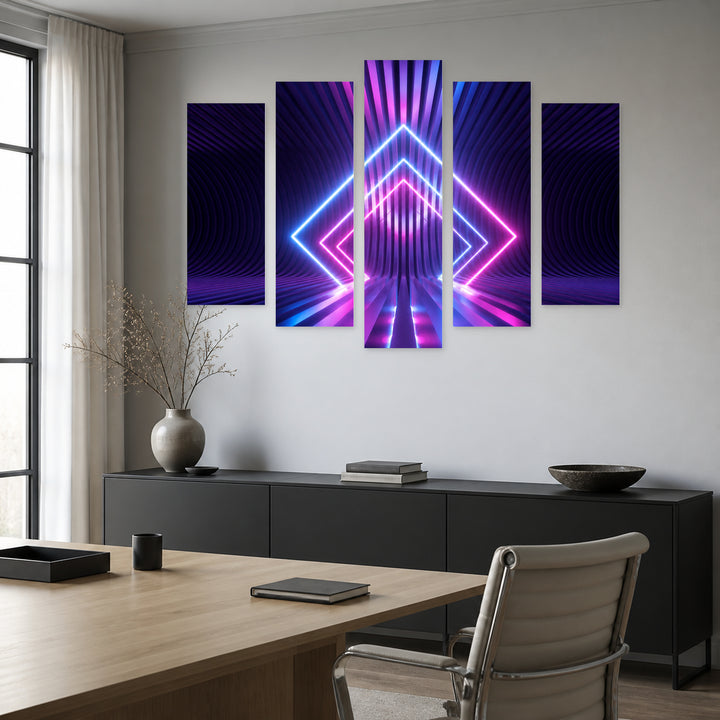 Neon Rhombus at Night — five-panel wall art in frontal interior | 5wallart 51856 M3