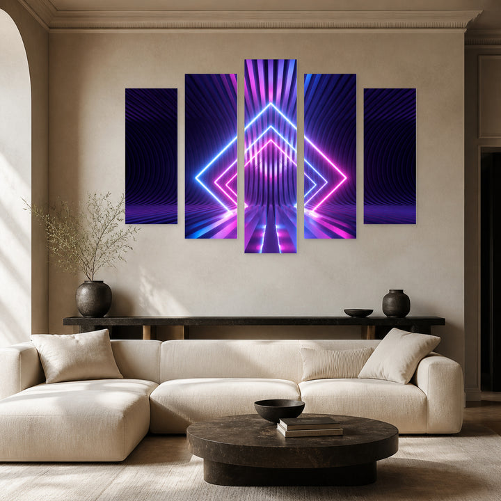 Neon Rhombus at Night — five-panel wall art in alternate frontal interior | 5wallart 51856 M4