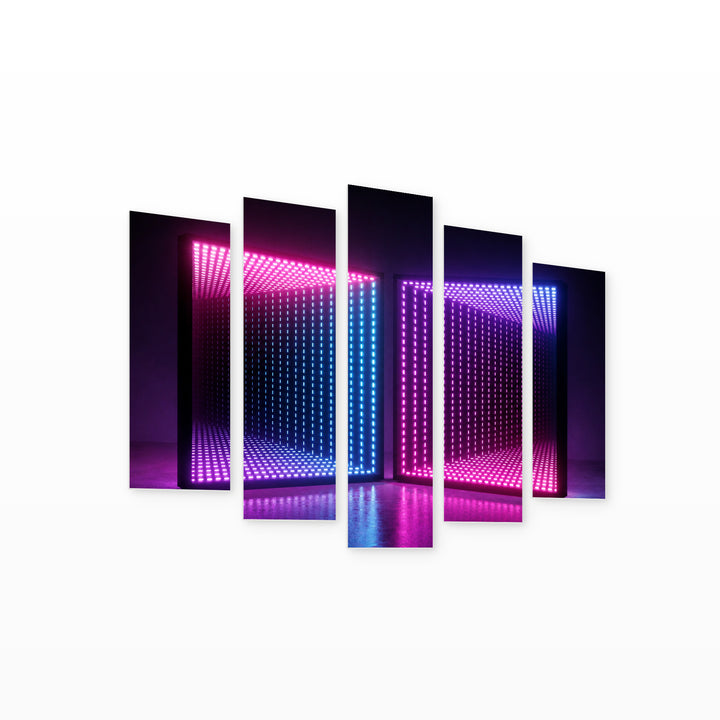 Neon Squares at Night — five-panel wall art on white background in perspective | 5wallart 51857 M1