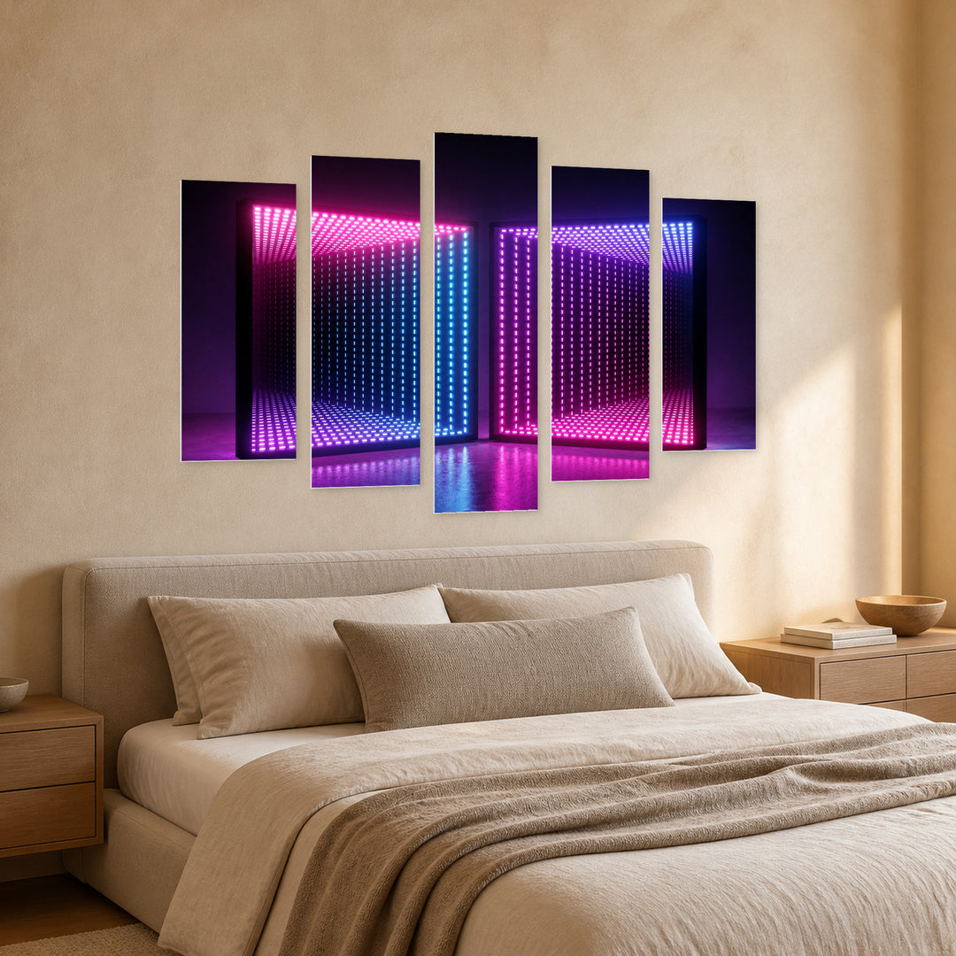 Neon Squares at Night — five-panel wall art in perspective interior | 5wallart 51857 M2