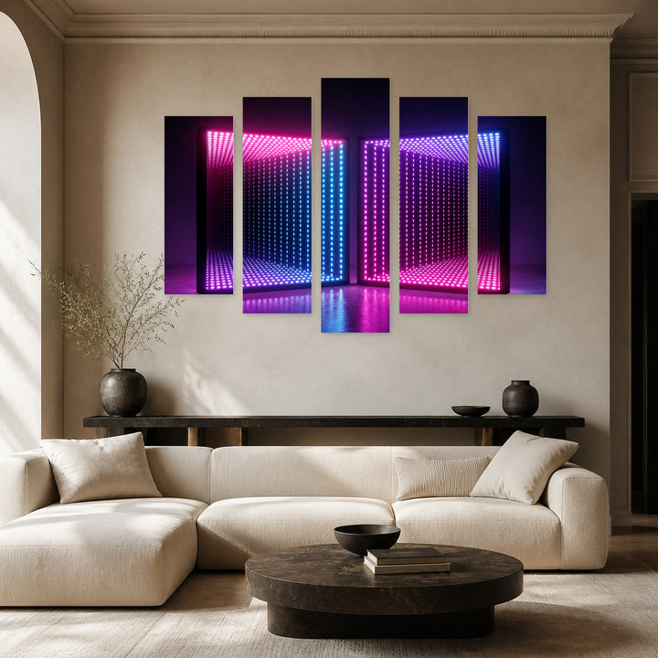 Neon Squares at Night — five-panel wall art in frontal interior | 5wallart 51857 M3