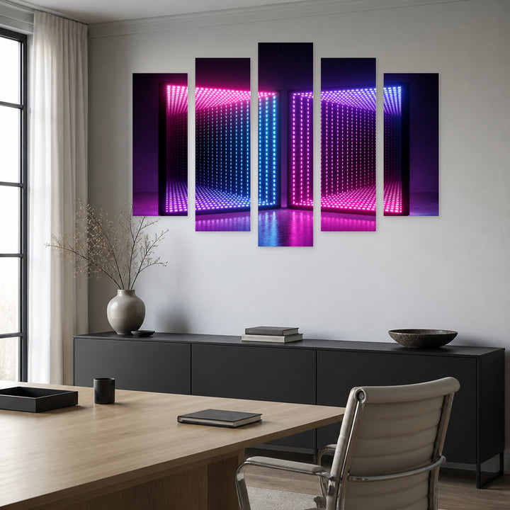 Neon Squares at Night — five-panel wall art in alternate frontal interior | 5wallart 51857 M4