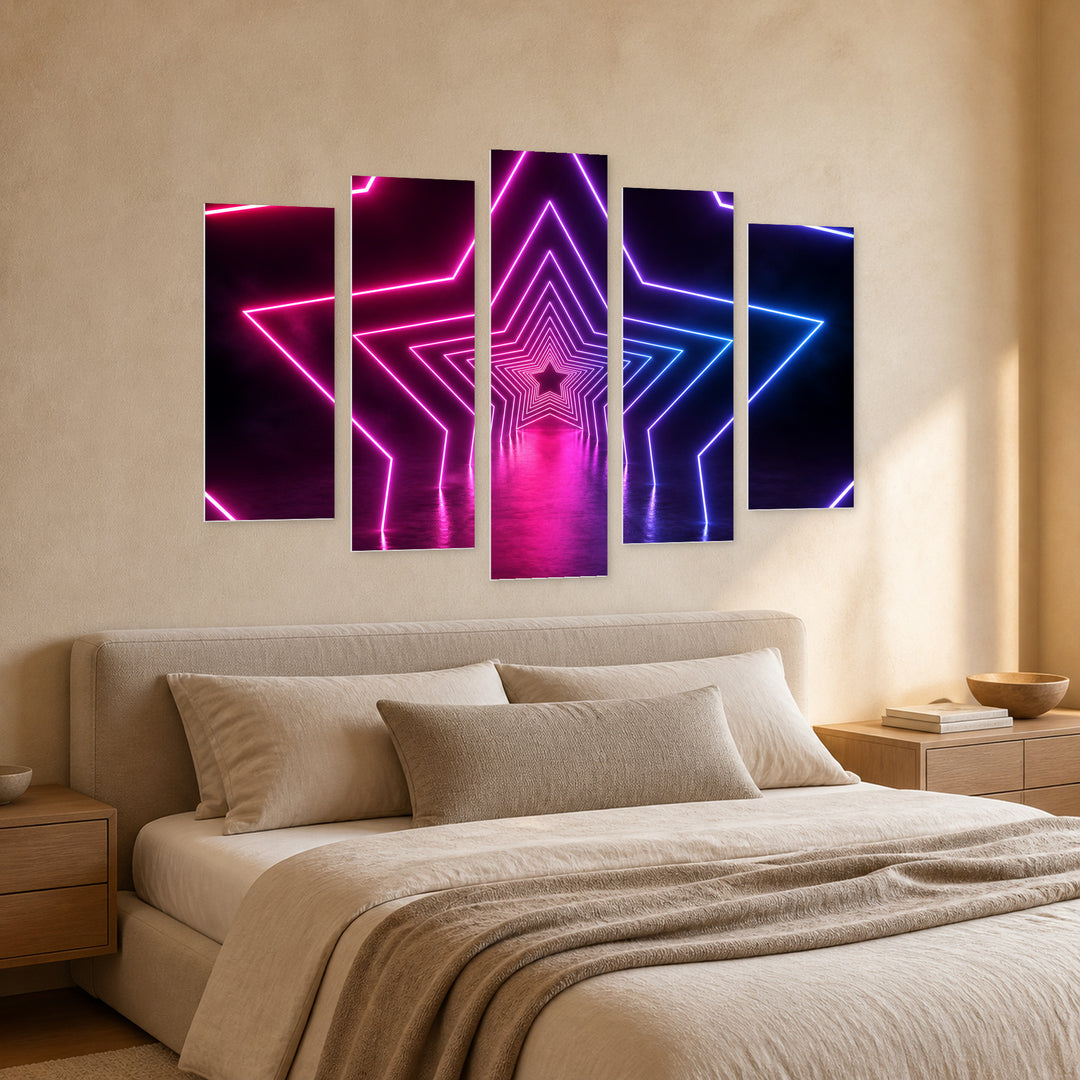 A Neon Star Shape at Night — five-panel wall art in perspective interior | 5wallart 51859 M2