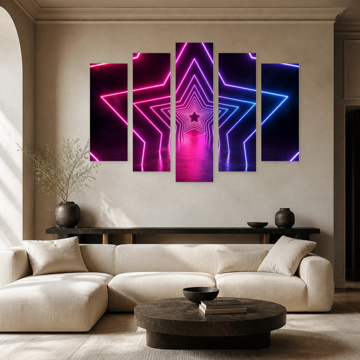A Neon Star Shape at Night — five-panel wall art in frontal interior | 5wallart 51859 M3