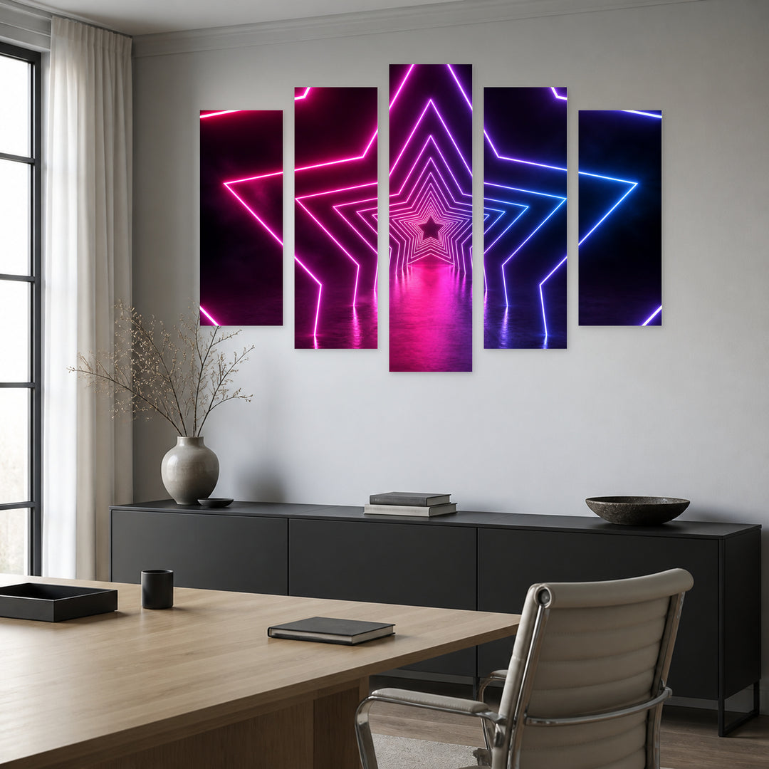 A Neon Star Shape at Night — five-panel wall art in alternate frontal interior | 5wallart 51859 M4