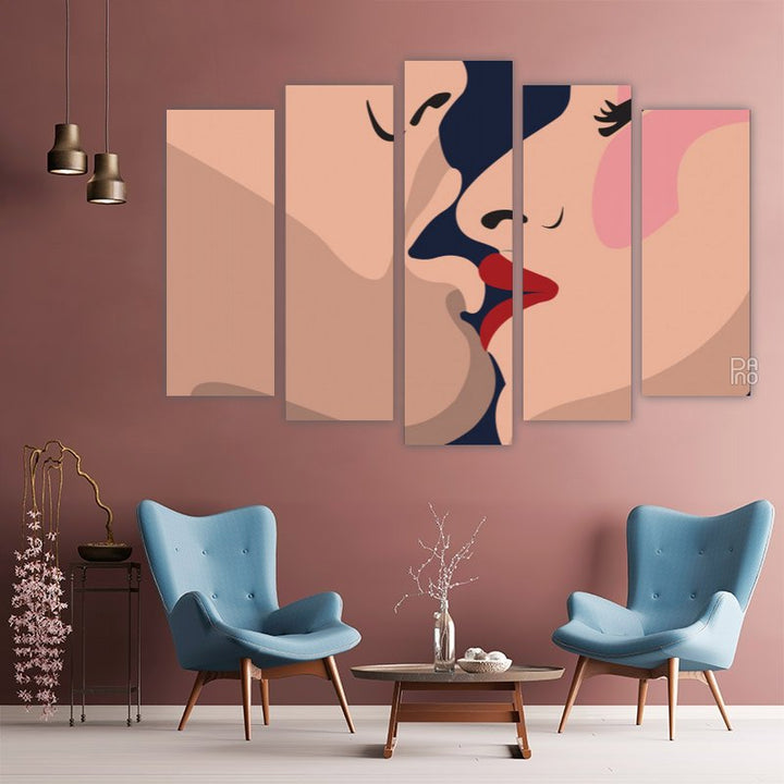 Illustration of a kiss – five-piece modular wall art