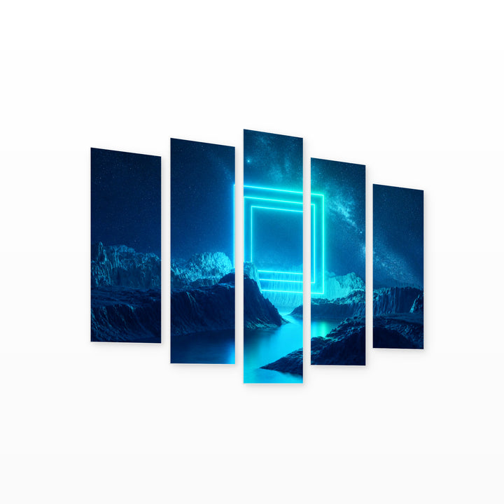 Blue Neon Square at Night — five-panel wall art on white background in perspective | 5wallart 51867 M1