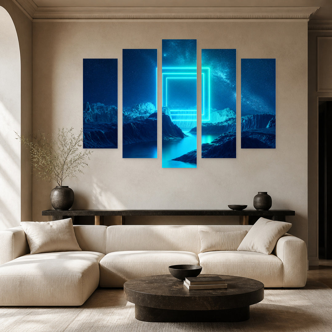 Blue Neon Square at Night — five-panel wall art in frontal interior | 5wallart 51867 M3
