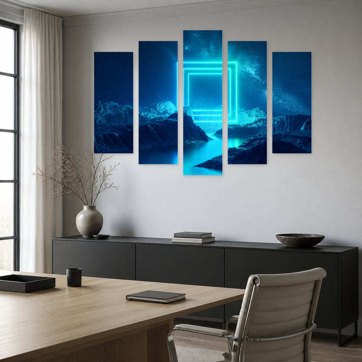 Blue Neon Square at Night — five-panel wall art in alternate frontal interior | 5wallart 51867 M4