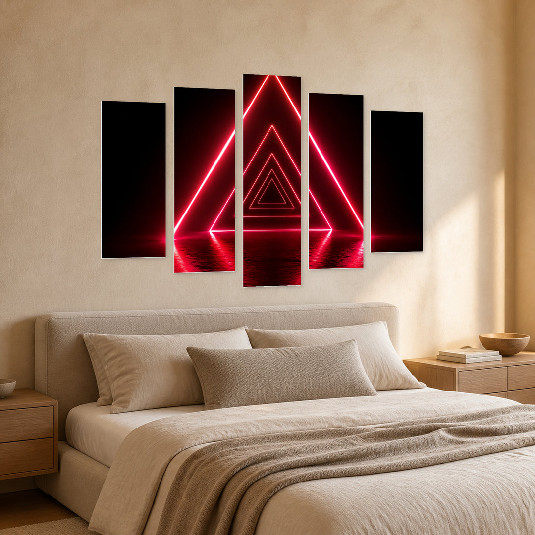 Red Neon Triangle at Night — five-panel wall art in perspective interior | 5wallart 51871 M2