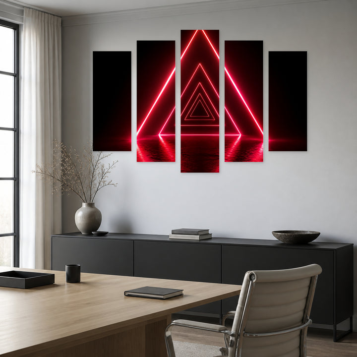 Red Neon Triangle at Night — five-panel wall art in alternate frontal interior | 5wallart 51871 M4