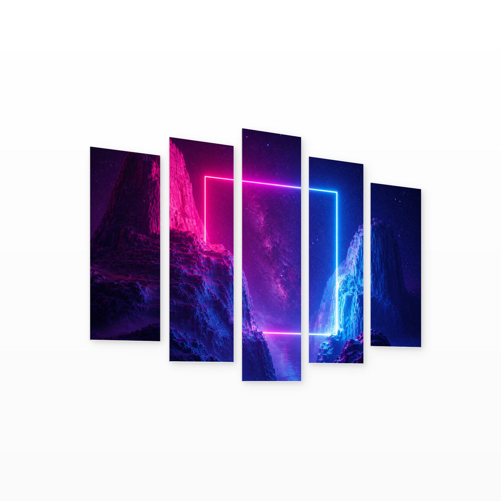 Neon Frame Painting at Night — five-panel wall art on white background in perspective | 5wallart 51872 M1