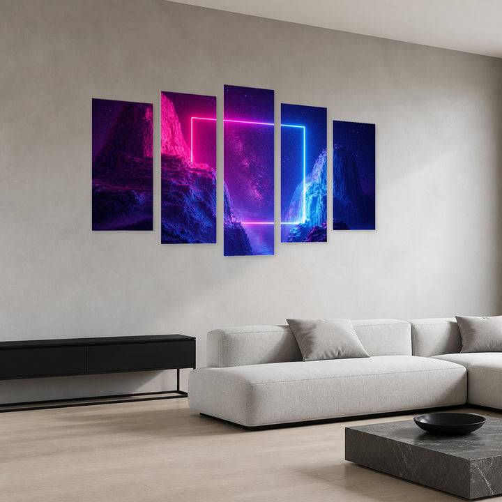 Neon Frame Painting at Night — five-panel wall art in perspective interior | 5wallart 51872 M2