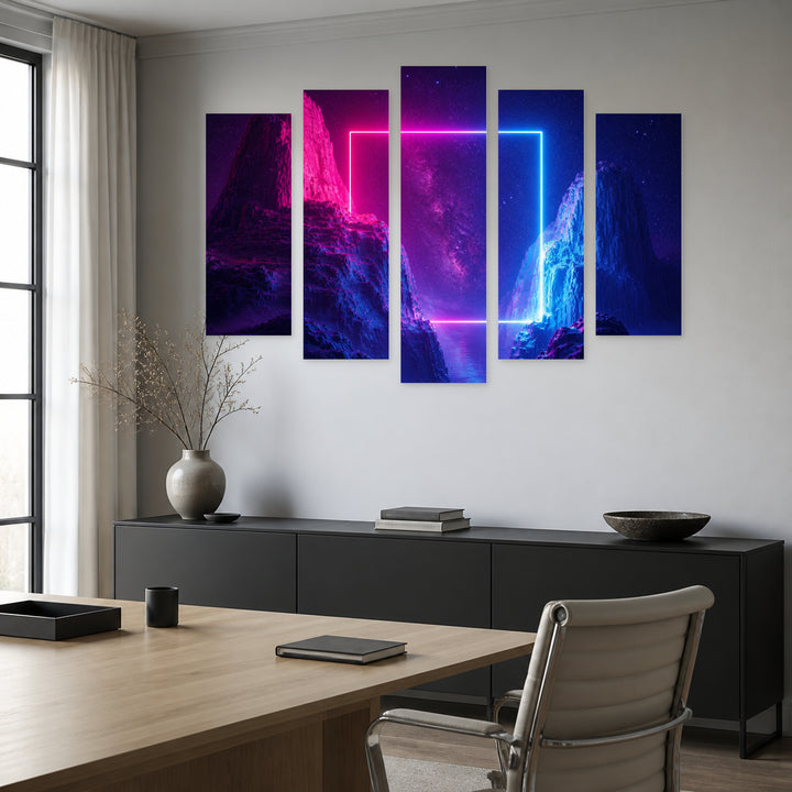 Neon Frame Painting at Night — five-panel wall art in frontal interior | 5wallart 51872 M3