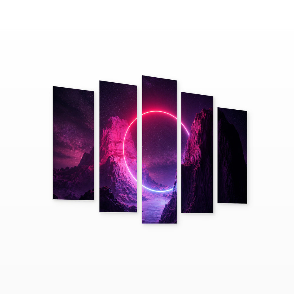Glowing Round Frame at Night — five-panel wall art on white background in perspective | 5wallart 51873 M1