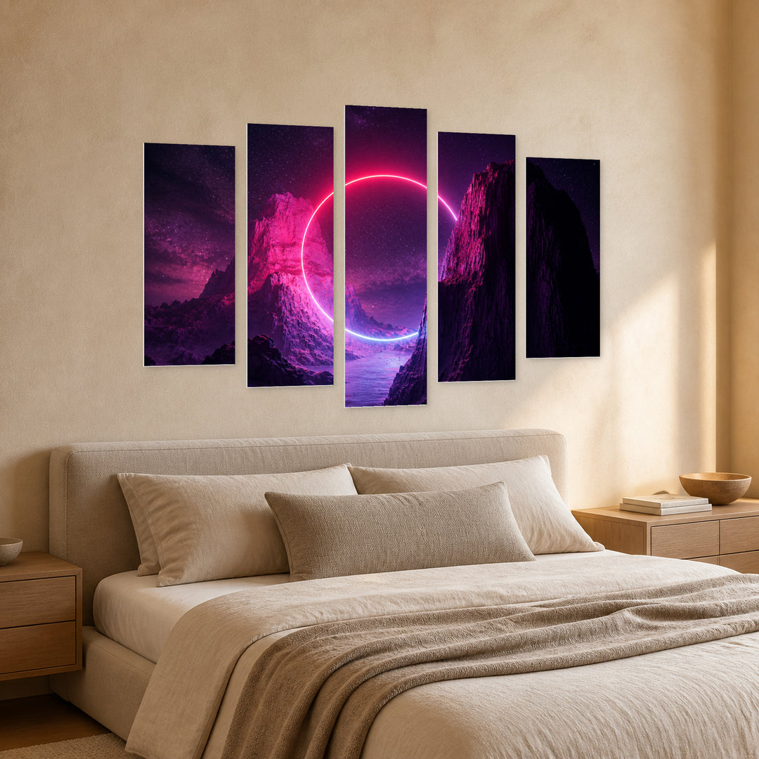Glowing Round Frame at Night — five-panel wall art in perspective interior | 5wallart 51873 M2