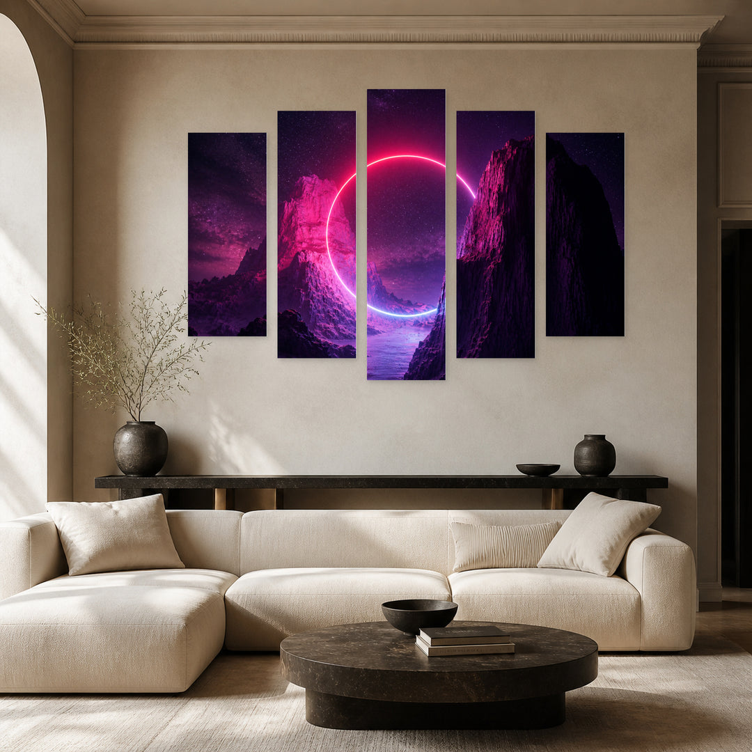 Glowing Round Frame at Night — five-panel wall art in frontal interior | 5wallart 51873 M3