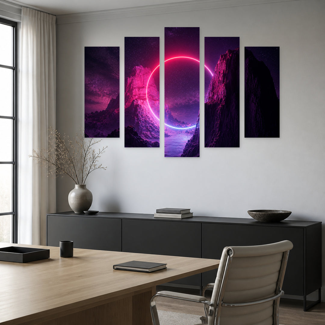 Glowing Round Frame at Night — five-panel wall art in alternate frontal interior | 5wallart 51873 M4